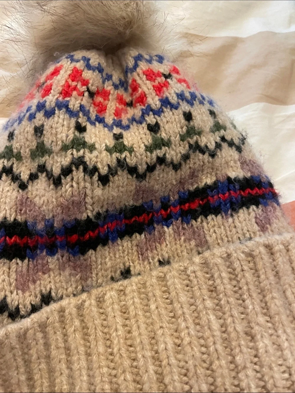 Old Navy Beige Knit Pom Pom Beanie with Multicolor Fair Isle Pattern